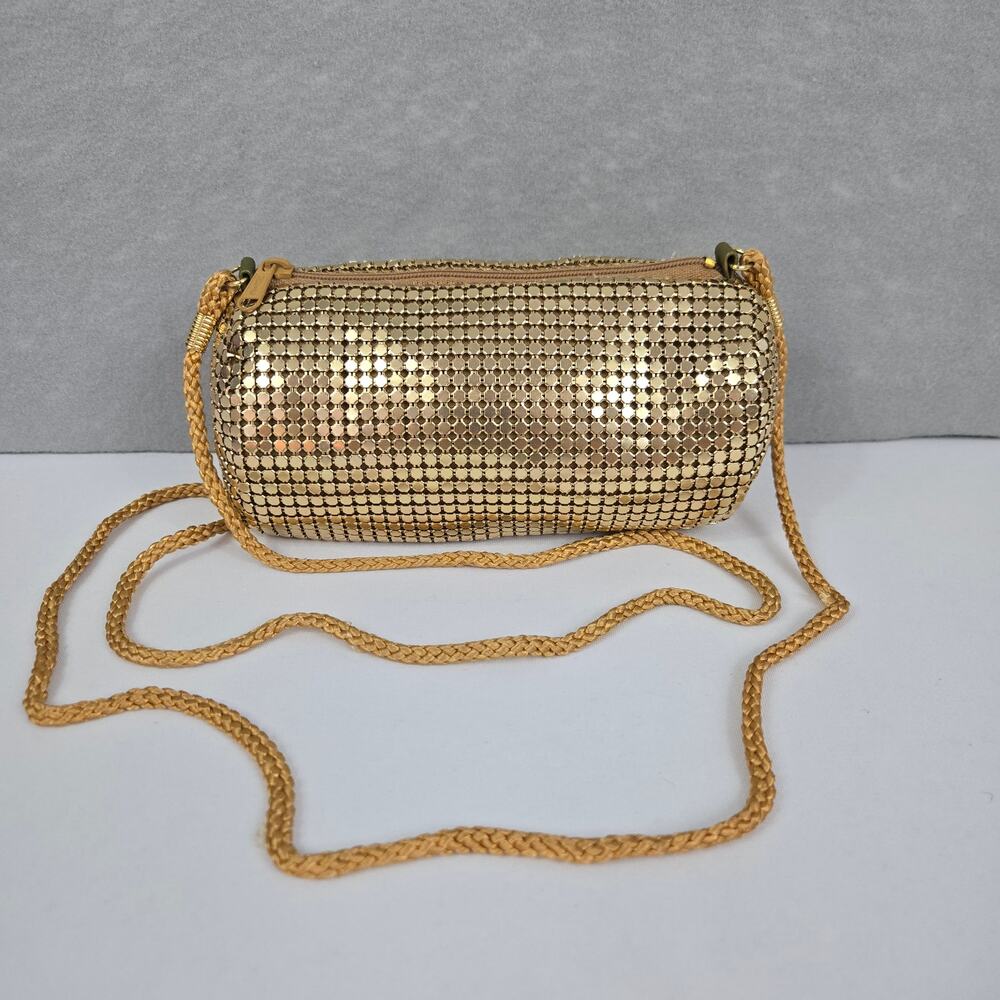 Gold Metal Mesh Cylinder Cross Body Zippered Purse with Corded Shoulder Strap